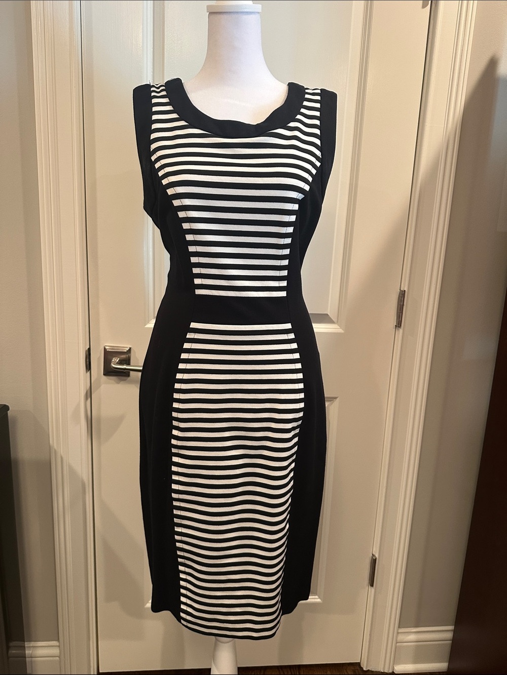 Cache Black and White Striped Panel Sheath Dress